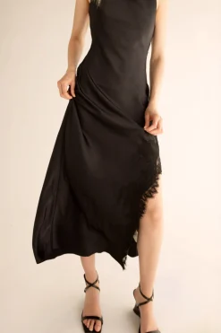 SATIN MAXI DRESS WITH LACE TRIM SLIT