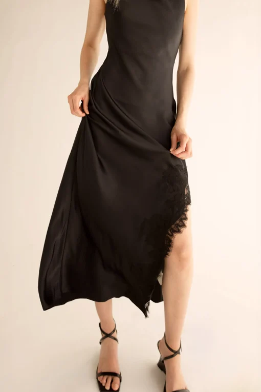 SATIN MAXI DRESS WITH LACE TRIM SLIT