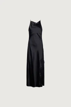 SATIN MAXI DRESS WITH LACE TRIM SLIT