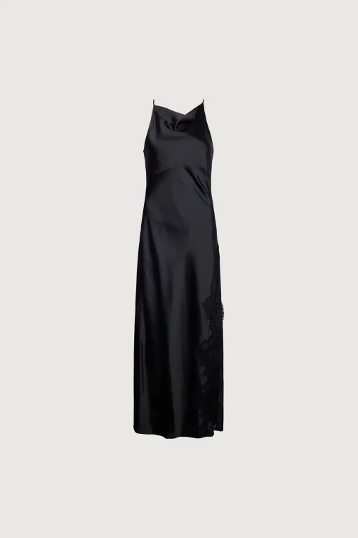 SATIN MAXI DRESS WITH LACE TRIM SLIT