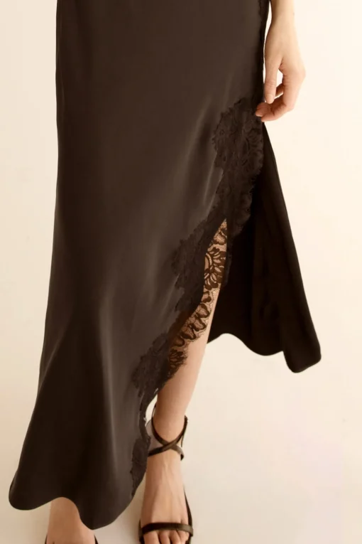 SATIN MAXI DRESS WITH LACE TRIM SLIT