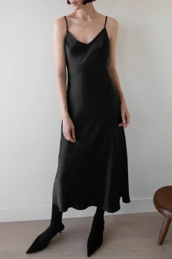 SATIN V-NECK SLIP MIDI DRESS