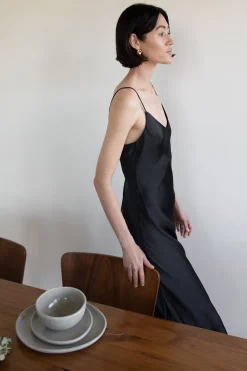 SATIN V-NECK SLIP MIDI DRESS