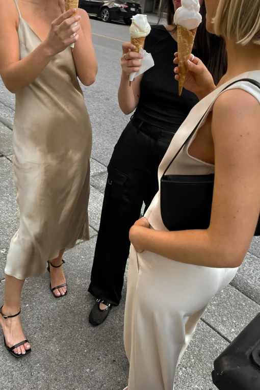SATIN V-NECK SLIP MIDI DRESS