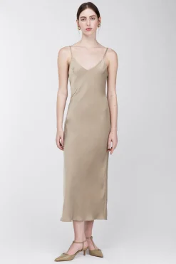 SATIN V-NECK SLIP MIDI DRESS