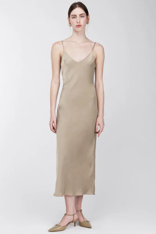 SATIN V-NECK SLIP MIDI DRESS