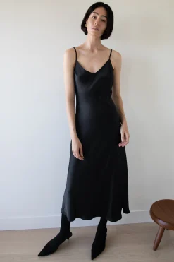 SATIN V-NECK SLIP MIDI DRESS