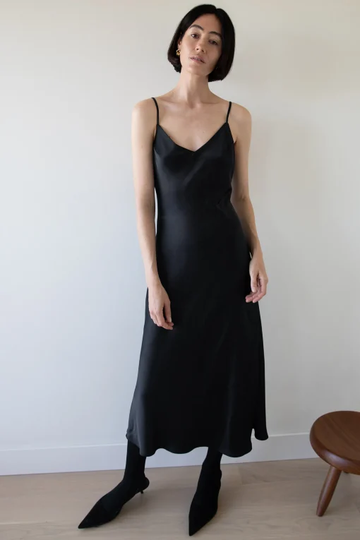 SATIN V-NECK SLIP MIDI DRESS