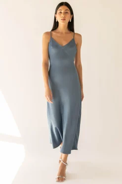 SATIN V-NECK SLIP MIDI DRESS