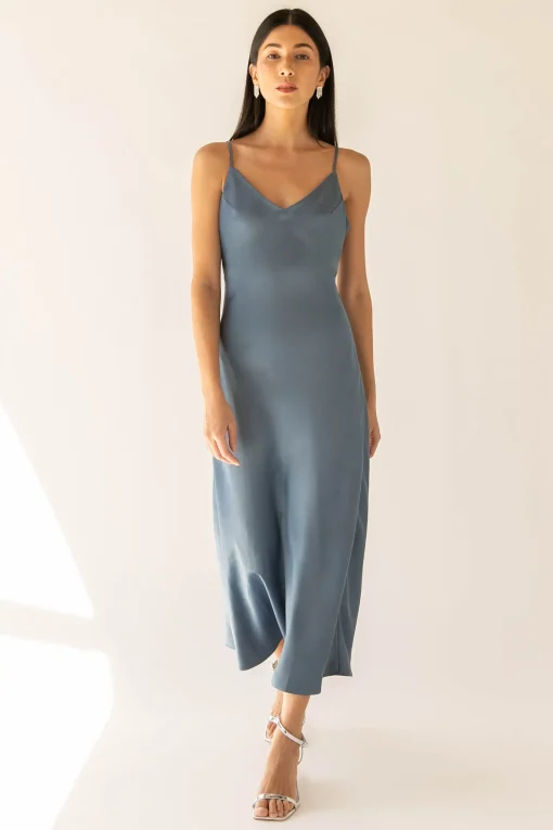 SATIN V-NECK SLIP MIDI DRESS