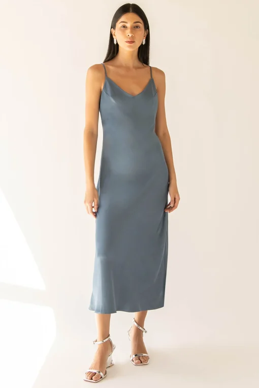 SATIN V-NECK SLIP MIDI DRESS