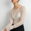 SHEER MESH RUCHED LONG SLEEVE TOP
