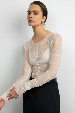 SHEER MESH RUCHED LONG SLEEVE TOP