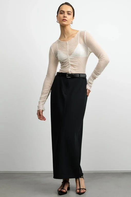 SHEER MESH RUCHED LONG SLEEVE TOP