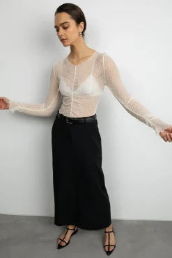 SHEER MESH RUCHED LONG SLEEVE TOP