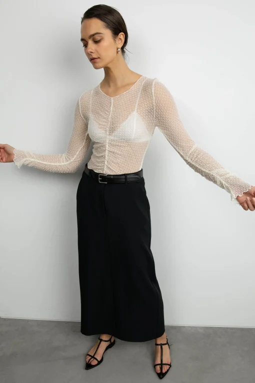 SHEER MESH RUCHED LONG SLEEVE TOP
