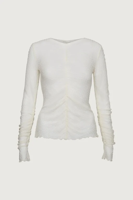 SHEER MESH RUCHED LONG SLEEVE TOP
