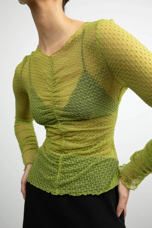 SHEER MESH RUCHED LONG SLEEVE TOP