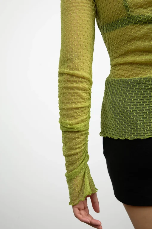 SHEER MESH RUCHED LONG SLEEVE TOP