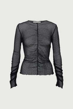 SHEER MESH RUCHED LONG SLEEVE TOP