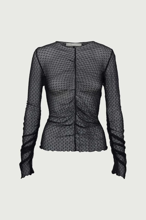 SHEER MESH RUCHED LONG SLEEVE TOP