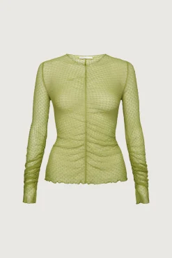 SHEER MESH RUCHED LONG SLEEVE TOP