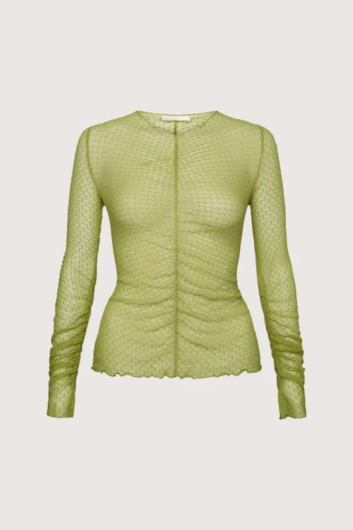 SHEER MESH RUCHED LONG SLEEVE TOP