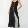 SHEER TIE-FRONT TIERED MIDI DRESS