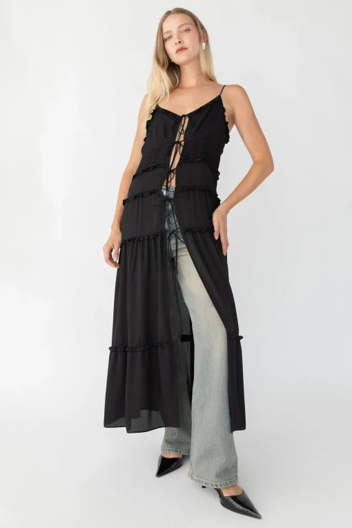SHEER TIE-FRONT TIERED MIDI DRESS