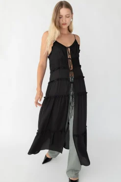 SHEER TIE-FRONT TIERED MIDI DRESS
