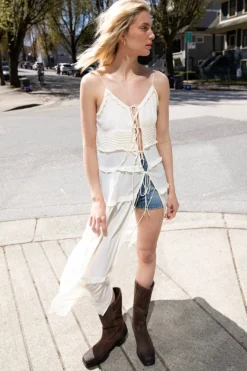 SHEER TIE-FRONT TIERED MIDI DRESS