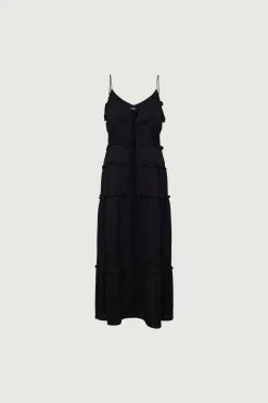 SHEER TIE-FRONT TIERED MIDI DRESS