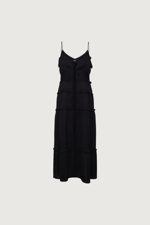 SHEER TIE-FRONT TIERED MIDI DRESS