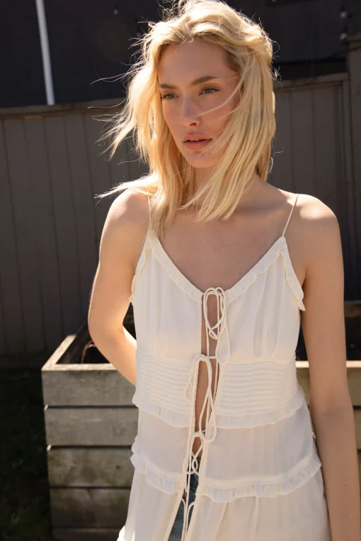 SHEER TIE-FRONT TIERED MIDI DRESS