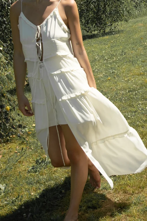 SHEER TIE-FRONT TIERED MIDI DRESS