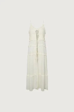 SHEER TIE-FRONT TIERED MIDI DRESS