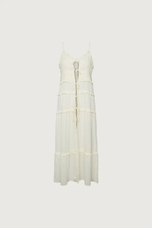 SHEER TIE-FRONT TIERED MIDI DRESS