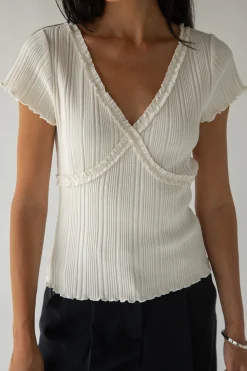 SHORT SLEEVE TOP WITH LACE V-NECKLINE