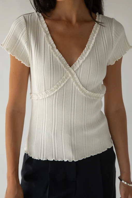 SHORT SLEEVE TOP WITH LACE V-NECKLINE