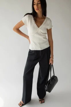 SHORT SLEEVE TOP WITH LACE V-NECKLINE