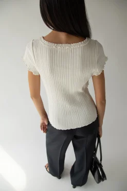 SHORT SLEEVE TOP WITH LACE V-NECKLINE