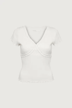 SHORT SLEEVE TOP WITH LACE V-NECKLINE