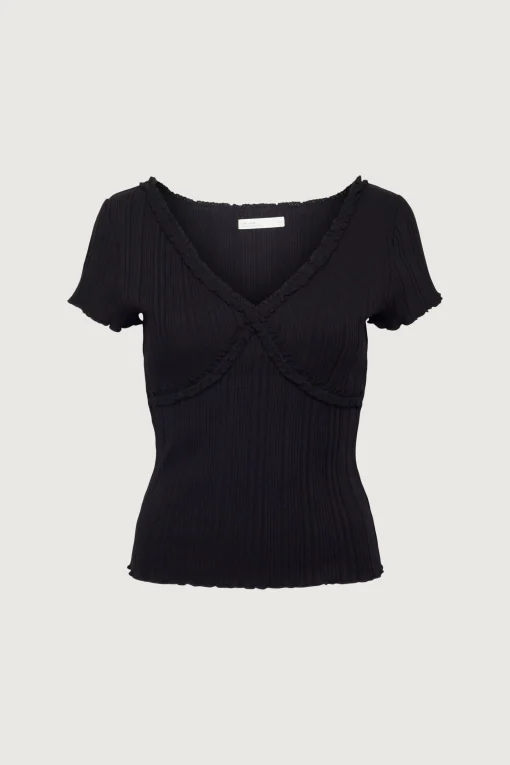 SHORT SLEEVE TOP WITH LACE V-NECKLINE