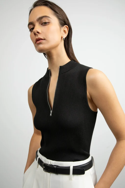 SLEEVELESS MOCKNECK HALF-ZIP SWEATER