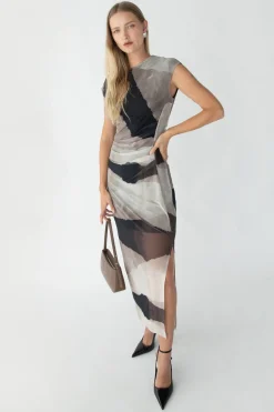 SLEEVELESS PATTERENED MESH MAXI DRESS
