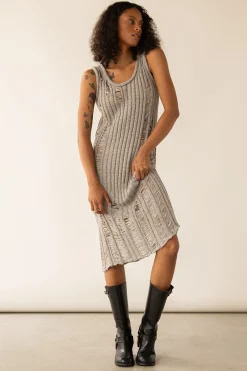 SLEEVELESS RIB-KNIT DISTRESSED MIDI DRESS