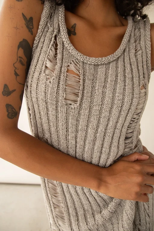 SLEEVELESS RIB-KNIT DISTRESSED MIDI DRESS