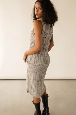 SLEEVELESS RIB-KNIT DISTRESSED MIDI DRESS