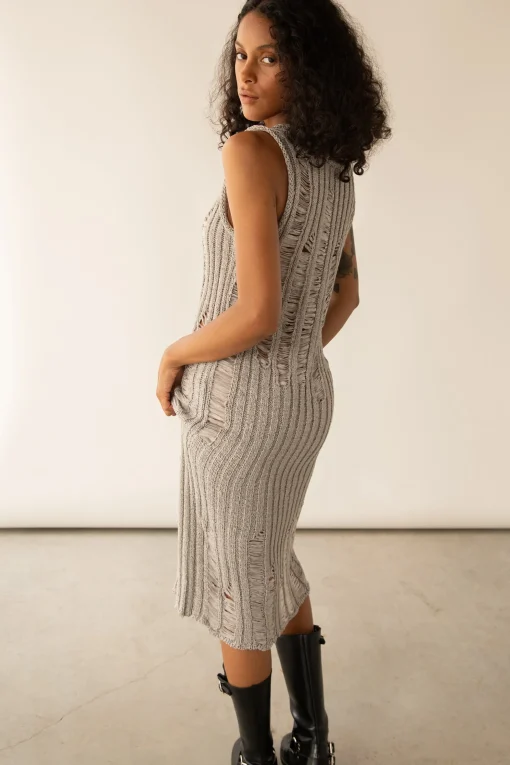 SLEEVELESS RIB-KNIT DISTRESSED MIDI DRESS