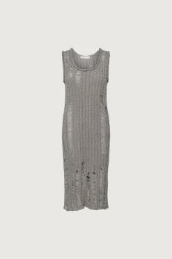 SLEEVELESS RIB-KNIT DISTRESSED MIDI DRESS
